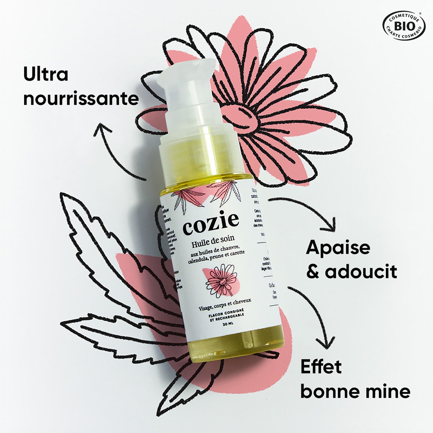 Nourishing oil with hemp, calendula, plum, and carrot oils