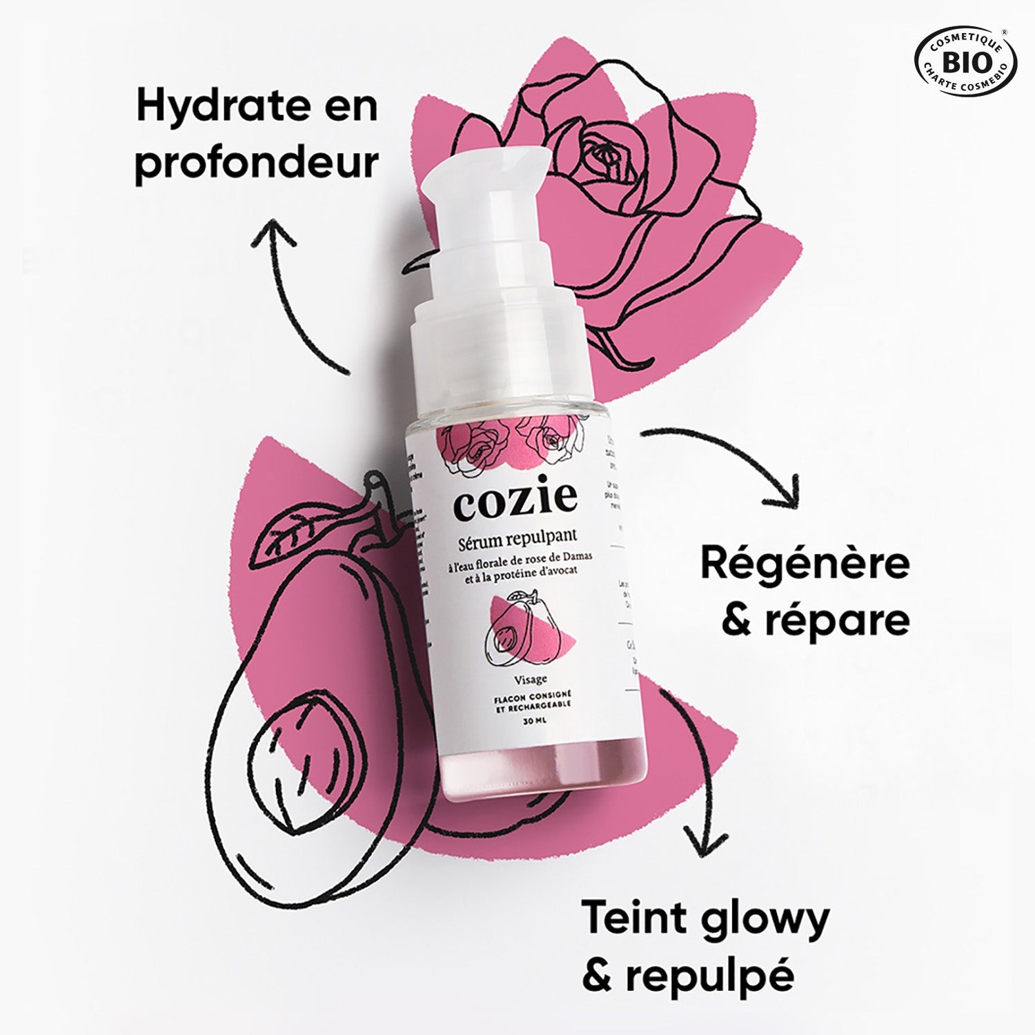 Plumping serum with rose floral water and avocado protein