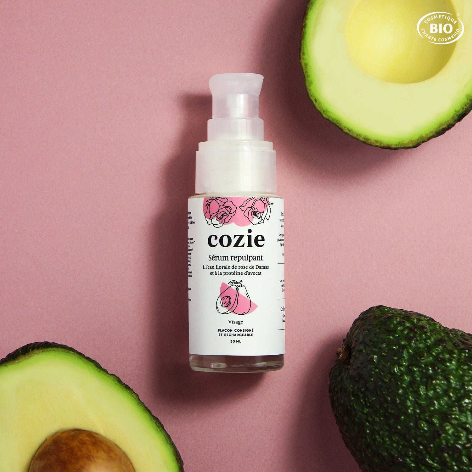 Plumping serum with rose floral water and avocado protein