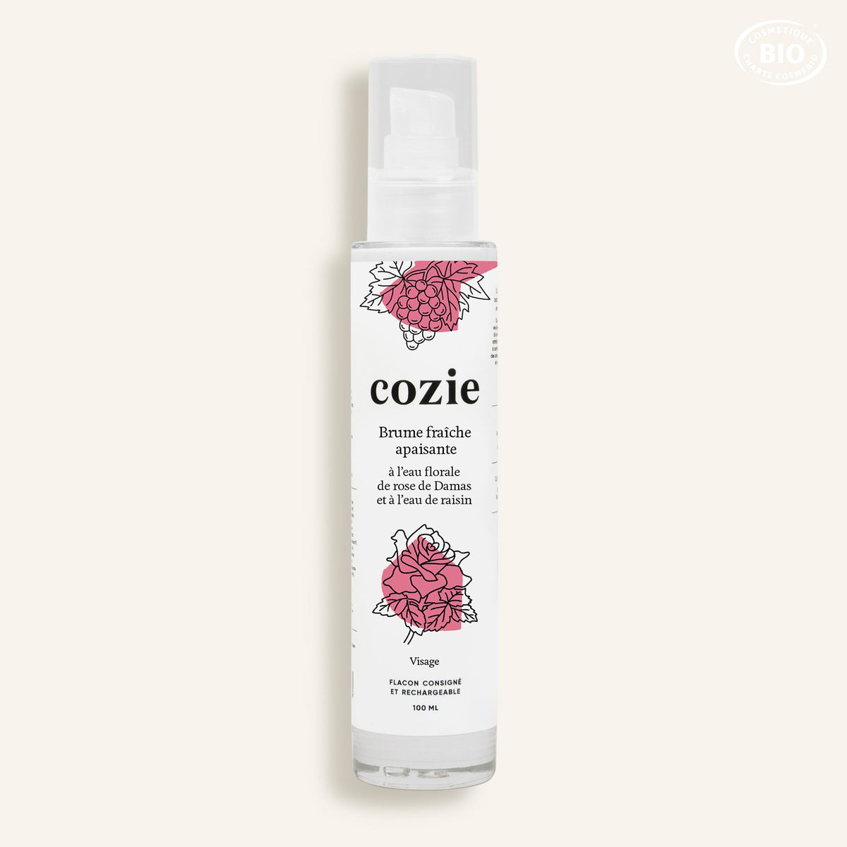 Brume fraîche apaisante à l’eau florale de rose et à l’eau de raisin