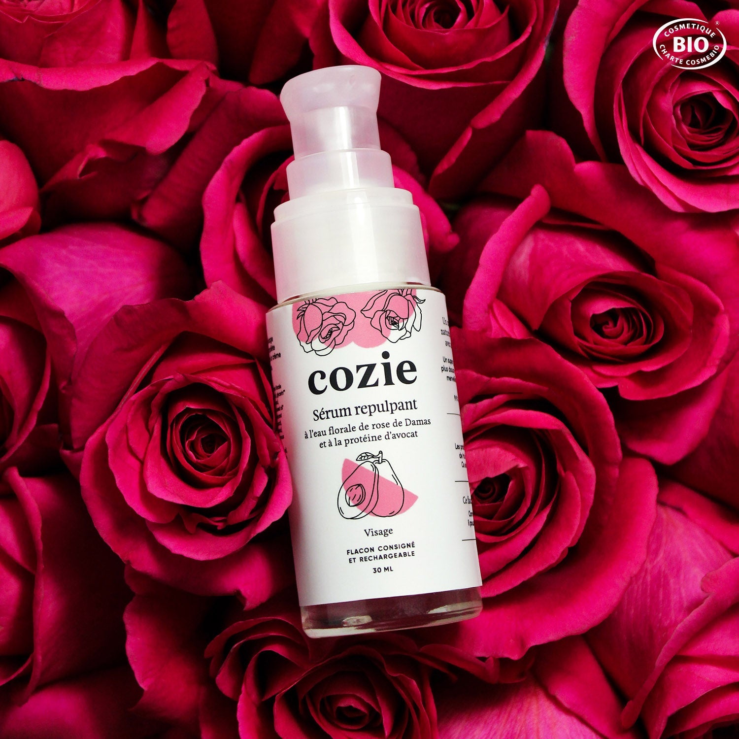 Plumping serum with rose floral water and avocado protein
