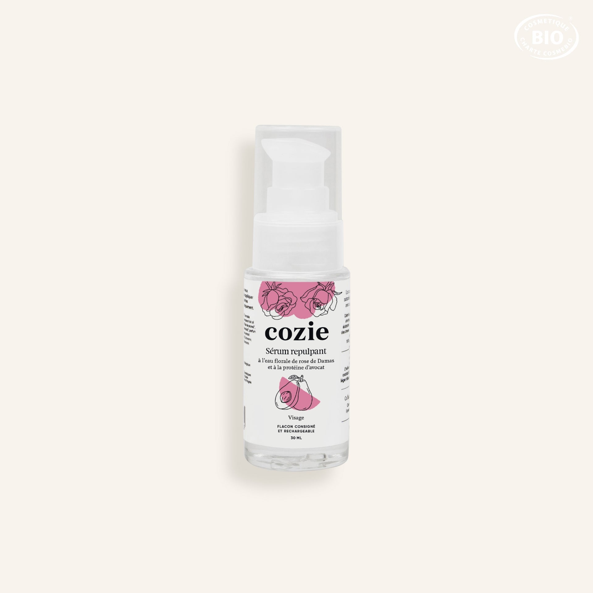 Plumping serum with rose floral water and avocado protein